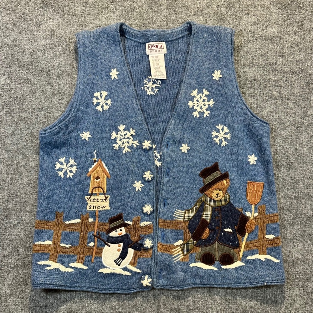 PBJ Sport Sweater Vest Women Medium Blue Winter Snowman Bear Cottagecore Festive